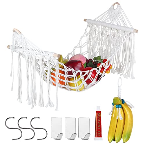 Makramee Obst Hängematte unter Schrank, Vegetarisch Bananen Hängematten Aufhänger Gemüse Obst Halter Netz mit für Küchenprodukten Aufbewahrung Platzsparend (Hängekorb) Cover