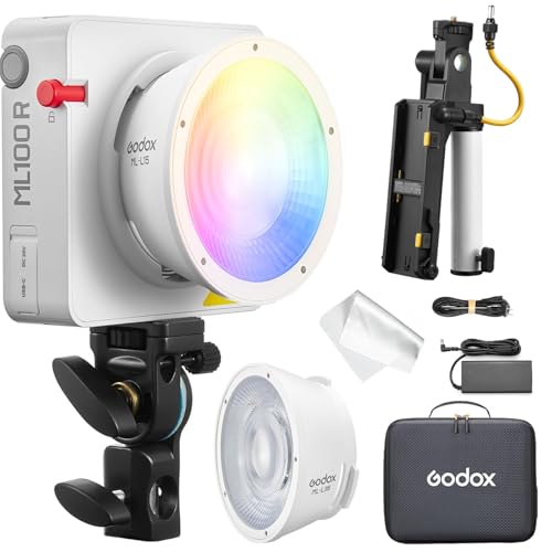Godox ML100R Kit2 - Lámpara de vídeo LED RGB a todo color con reflector de lente intercambiable de 15° y 36°, empuñadura de batería NP-F, 1800-10000K CCT, 14 efectos cinematográficos FX y control por