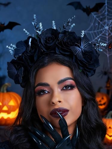 IYOU Día de los Muertos Diadema Negra Rosa Flores Cintas para el pelo Mariposa Vestuario Tocado Rave Carnaval Festival Halloween Accesorios para el Cabello para Mujeres