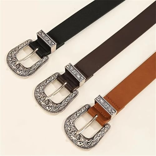 Women’S Vintage Carved Double Buckle PU Leather Belt Fashion Hip Hop Rock Y2K Style Solid Pattern 3Cm Width3