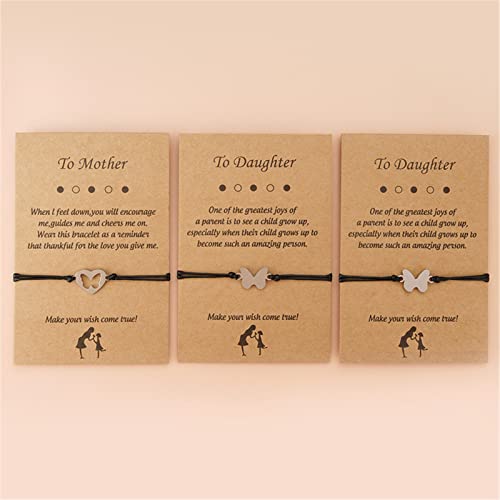 Image of Caiyao 3Pcs Stainless Steel Butterfly Bracelet Set Handmade Adjustable Braide Rope Love Heart Hollow Out Animal Insect Bracelet for Mom Daughter Mother Birthday Christmas Jewelry Gift-C 3cards