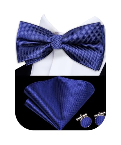 Image of Hi-Tie Pretied Bow Ties for Men Wedding Formal Bow Tie Handkerchief Cufflinks Lapel Pin Set Party Formal Mens Bowtie Set, Dark Blue Plaid, Medium