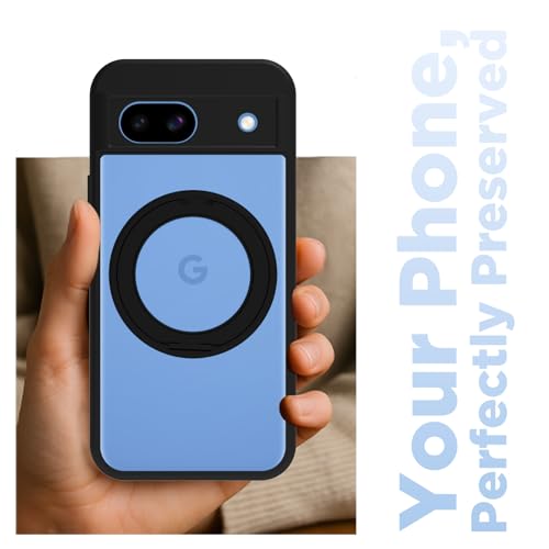 Image of RIGGEAR Shockproof Sleek Hybrid Armor 360 Rotating Magnetic Ring Stand Back Cover Case Compatible with MagSafe Accessories for Google Pixel 8A (Clear PC + Black TPU Bumper)