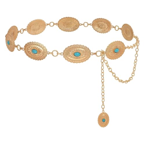 Image of WHIPPY Western Metal Concho Belt for Women Vintage Cowgirl Boho Turquoise Chain Belts for Dresses Jeans