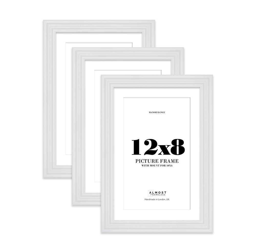 12x8" White Picture Frame - 12x8" Frame with 10x6" Mount for 12x8"/10x6" Pictures Classic Style Photo Display, 3 Pack