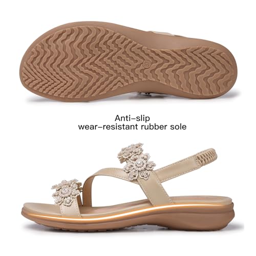 Image of TEMOFON Sandals for Women Flat Dressy Summer Flower Sandals with Ankle Strap Comfortable Casual Walking Flat Sandals Size 5-11