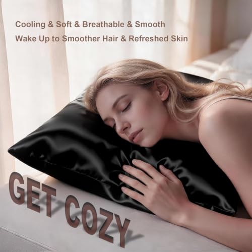 Image of LYSHIN Black Silk Pillowcases 2 Pack King Size with Zipper