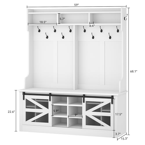 DWVO 59" Wide Hall Tree with 16 Shoe Cubbies & 12 Coat Hooks, Entryway Bench with Coat Rack and Storage Cabinet for Hallway, Living Room (White)