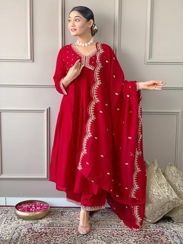 Image of Naixa Women's Vichitra Silk Embroidered A-line Kurta with Vichitra Silk Pant and Chinon Embroidered Dupatta Sets (NK-443)