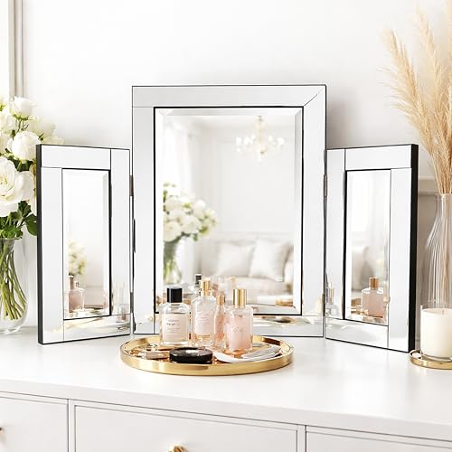 Marco Paul Free Standing Beveled Vanity Mirror For Dressing Table Trifold Tabletop Mirrors For Living Room Bedrooms Bathroom Mirror Glass Shabby Chic Vintage Decor Makeup Mirrors Home Decoration - 2