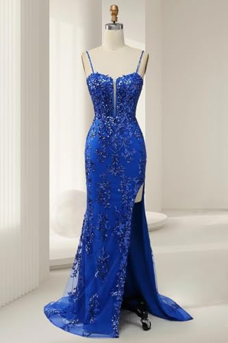 Lace Applicque Spaghetti Strap Prom Dresses with Slit Sexy Tulle Mermaid Long Ball Gown for Women DI0154