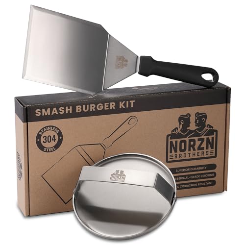 Norzn Brothers® Smash Burger Kit – Incl. Smash Burger Press, BBQ Spatula, Burger Smasher Press, Burger Flipper, Smash Burger Spatula, 304 Stainless Steel, Food-grade material, 10-Year Warranty