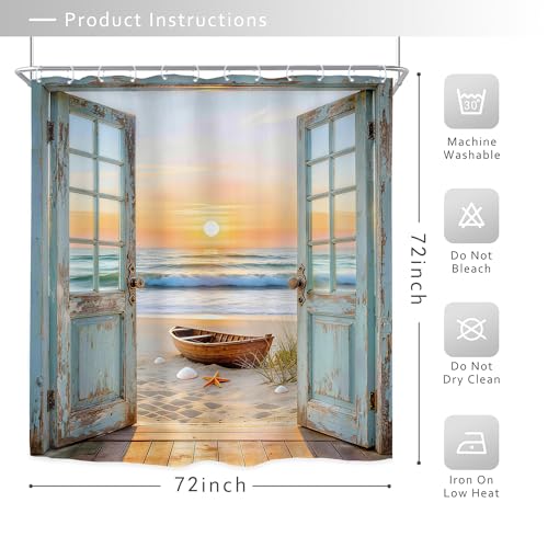 Image of Riyidecor Beach Ocean Shower Curtain 72Wx72H Inch Rustic Blue Seaside Barn Door Sea Sunset Scenery Sandbeach Hawaii Wood Landscape Natural Bathroom Decor Fabric Polyester Waterproof 12 Pack Hooks