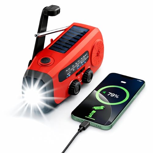 Radio de emergencia, radio solar AM/FM, batería externa de 2000 mAh, linterna LED, alarma SOS, USB-C, manivela, radio portátil para camping, exterior y apagón