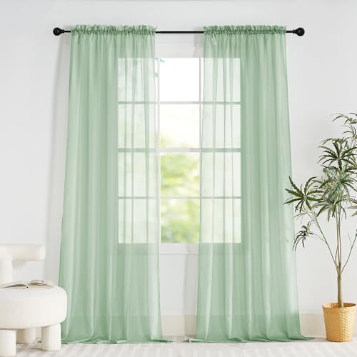 PONY DANCE Sage Green Window Net Curtains 60x95 Inches - Slot Top Super Soft Voile Curtains Light Filtering Semi Transparent Sheer Panels for Bedroom/Living Room/Kitchen Privacy Protection, 2 Panels