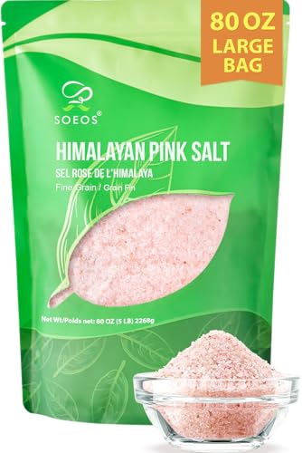 Soeos Sal rosa del Himalaya, grano fino, 5 libras, sin OMG, sal marina rosa del Himalaya, sal kosher, sal para recambio de molinillo
