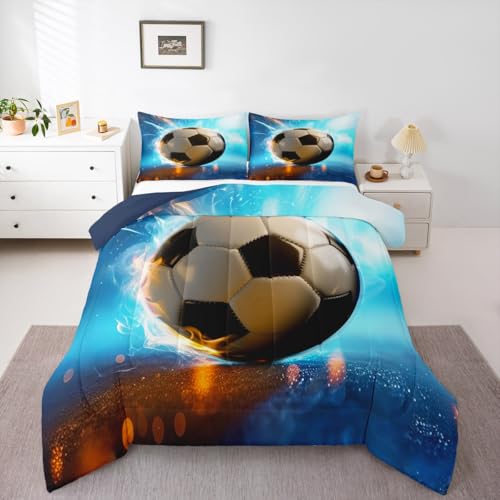 Image of Feelyou 3D Soccer Comforter Set King Size Kids Football Gaming Pattern Bedding Set for Boys Girls Sports Theme Duvet Quilt Room Decor
