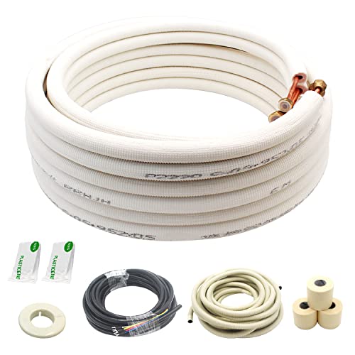 Image of 25 Ft Mini Split Line Set.Air Conditioner Copper Tubing Pipes Extension Set, 3 /8 inch & 5 /8 inch 3 /8 inch PE Thickened for AC and Heating Equipment Insulated Coil Line Set HVAC Refrigerant with Nuts. (3 /8+5 /8)