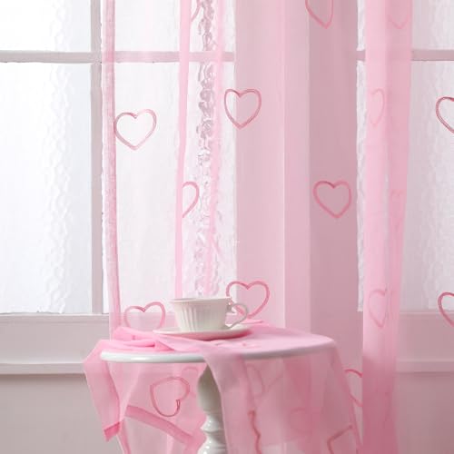 Tegeme 2 Panels Pink Heart Sheer Curtains 84 Inches Long Embroidered Voile Curtains Decorative Coquettish Sheer Shades Faux Pink Heart Linen Semi...
