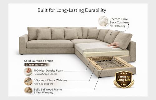 Image of Homax. Benitez Solid Sal Wood Easy-Clean, Kid & Pet Friendly Fabric Upholstered 5 to 6 Seater Sofa Interchangeable Modular, Sectional, Corner L Shape Sofa Set for Living Room, Beige Color