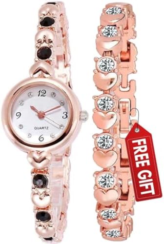 Acnos® Premium Girl's Special Quality Different Heart Shape Bangle Analog Watch with Rose Gold Bracelet - Pack of 2, Rosegold/D-Black, Free, bracelet