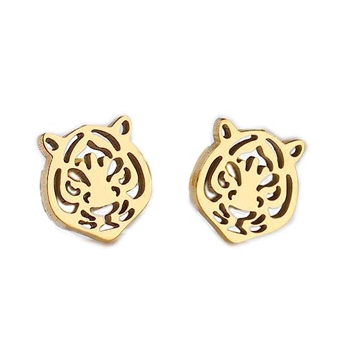 Tiger Head Stud Earrings for Women Punk Stainless Steel Earrings (Gold)