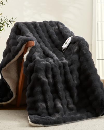GarveeHome Heated Blanket Throw Faux Fur Soft Electric Throw with 4 Heat Settings & Auto Shut-Off Bubble Heating Blanket for Home Couch and Bed Dark Grey