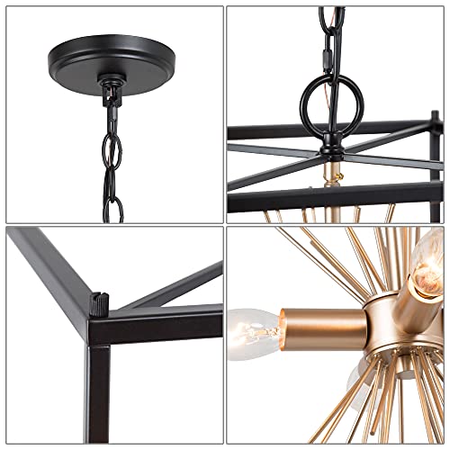 Optimant Lighting Black And Gold Chandelier, 4-Light Mid Century Modern Sputnik Pendant Lighting Fixture, Square Chandelier For Kitchen Island, Dining Room, Foyer, Entryway, Bedroom, 12” #TOP2