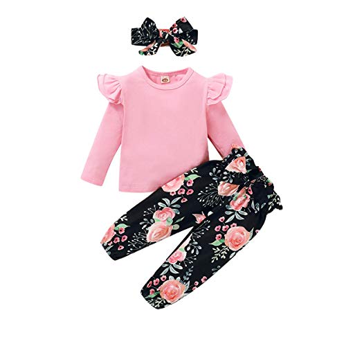 SANMIO Cute Floral Girl Clothes Outfits, Toddler Baby Girl Clothes Set Ruffle T-Shirt + Pant Set with Headband (Long Sleeve-Pink, 18-24 Months)