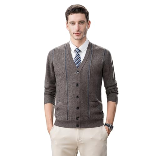 Mens 100% Wool Cardigan Sweater Casual V Neck Cable Knitted Cardigans Button Down Winter Chunky Sweaters with Pockets