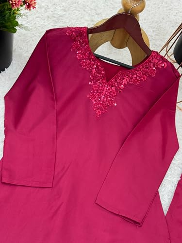 Image of Women's Natural Crepe Silk Kurta Set with Farshi Pant and Dupatta | Embroidery Sequence Work Fully Stitched Ethnic Suit