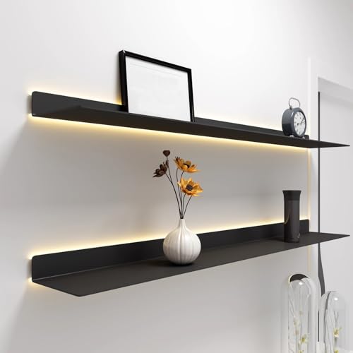 HJDSUDU Mensole da Parete Mensole galleggianti, mensola espositiva con Luce LED illuminata Integrata, 1 mensola in Metallo a Parete con Emissione di Luce, per Soggiorno,Nero,60cm/24in