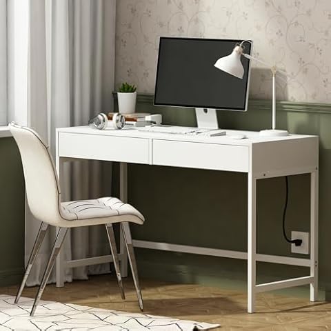 Treocho Computer Desk with USB Charging Ports and Power Outlets, Modern Simple 47 inch White Desk with 2 Drawers, Vanity Desk, Makeup Table for Home Office, Bedroom Cover