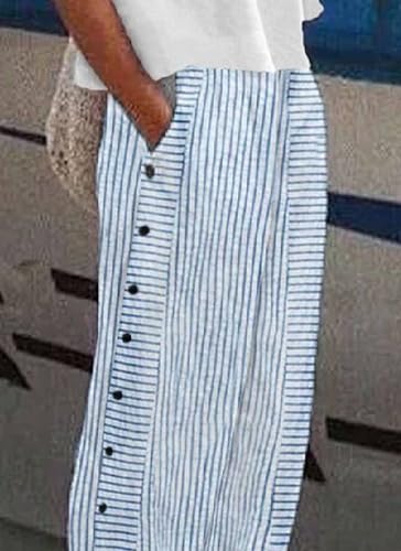 Women's Side Pockets Blue and White Striped Wide Leg Pants with Pockets 2025 Summer Casual Elastic Waistband Trousers3