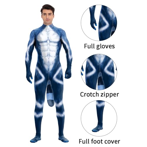 Image of Animal Full Bodysuit for Men Muscle Spandex Jumpsuit Furry Costume with Big Tail for Adult Cosplay Halloween Party