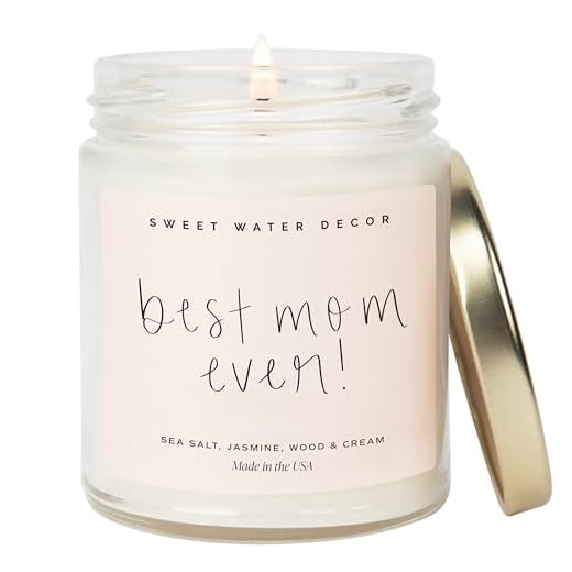 Sweet Water Decor, Best Mom Ever, Sea Salt, Jasmine, Cream, and Wood Scented Soy Wax Candle for Home | 9oz Clear Glass Jar, 40 Hour Burn Time, Made in the USA
