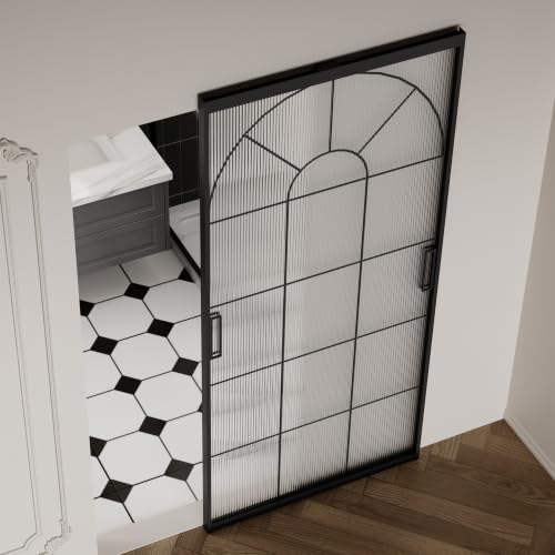 Image of Opening Size 30 inch -36 inch x72-85 inch H Fluted Glass Barn Door, Concealed Sliding Barn Door with Soft Close, Waterproof Modern Sliding Door for Bathroom /Kitchen Privacy, 5 /16 inch(8mm) Tempered Glass,