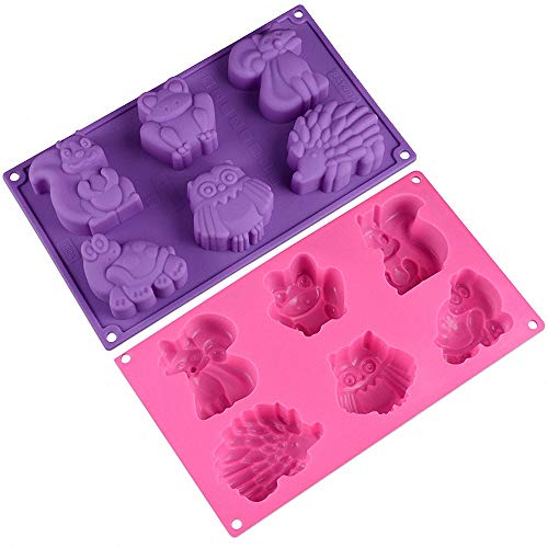 Moldfun 2Pcs Safari Animal Cake Pan Forest Woodland Animal Silicone Baking Mold Wild Zoo Frog Fox Turtle Hedgehog Owl Squirrel Chocolate Candy Jello Soap Crayon Melt Mould Ice Cube Tray #TOP1