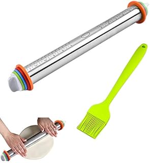 Rolling Pin, MELOP Adjustable Roller Pin with 4 Size Removable Thickness Rings + Oil Brush for Baking Dough, Pizza, Pie, Pastries, Pasta and Cookies, 17inch Stainless Steel