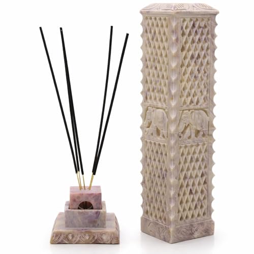 Image of Handmade Marble Soapstone Incense Stick Burner | Dhoop Batti Stand, Candle Holder, Tea Light Burner, Jaali Carving, 3 x 3 x 11 Inches