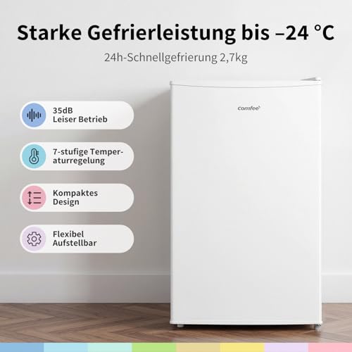 COMFEE RCU60WH3EU(E) 60L Gefrierschrank mit Inverter-Kompressor, D-Energieeffizienz Gefrierschrank klein 125kWh/Jahr, 24‑h‑Schnellgefrierung 6kg, Leise 35 dB, 3 Fächer, 4-Sterne-Gefrierleistung
