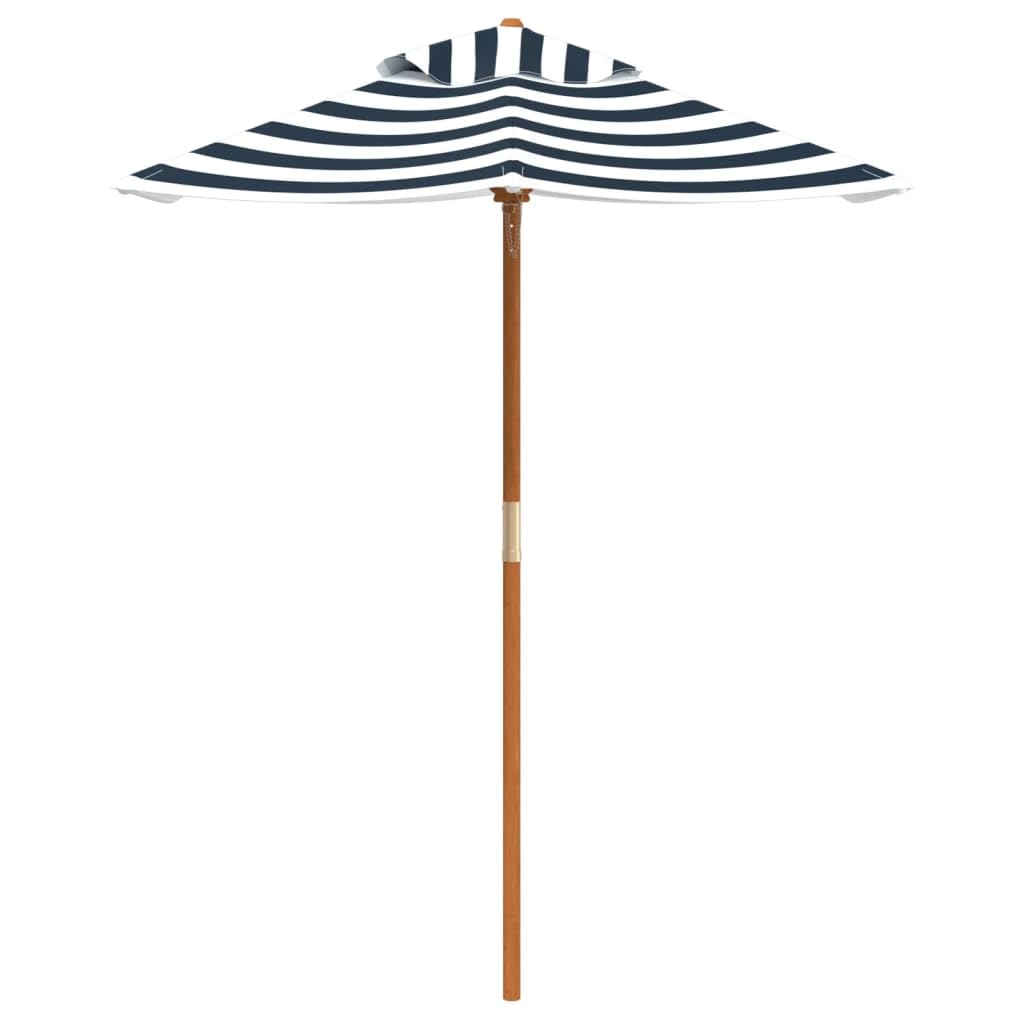Ombrellone con palo in legno, diametro 120 x 140 cm, piccolo ombrellone da giardino blu e bianco, rotondo con 6 stecche in legno, per terrazza, giardino e tavolo da picnic