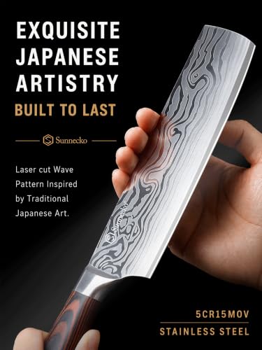 Image of Sunnecko Nakiri Knife - 7 inch Kitchen Knife for Meat Cleaver and Vegetable Chopping, 12 Edge Razor Sharp High Carbon Stainless Steel Asian Chef Knife with Sheath, Kitchen Gift for Home Cooks Men