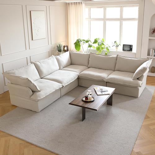 JACH V-Shaped Beige Cloud Couches, Convertible Modular Sofas, Minimalist Deep Seat Sofa, Down Fill Sectional, Couch Sofa Furniture for Living Room, Office, Apartment