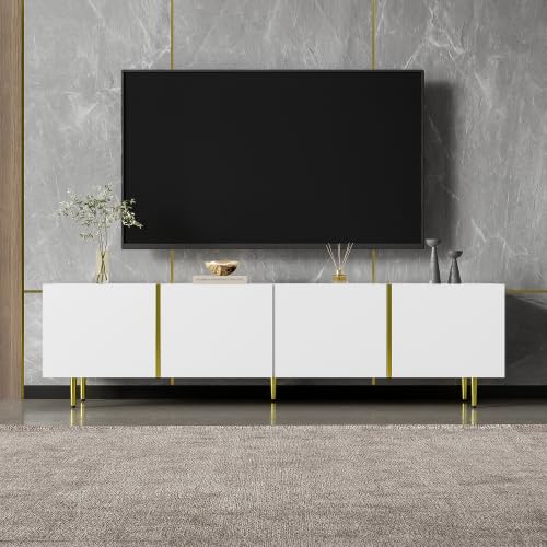 Merax High-Gloss TV Cabinet with Four Doors, Modern TV Stand Cabinet with Gold Accents, Soft-Close Hinges and Ample Storage, Stylish TV Table for Living Room — image 1