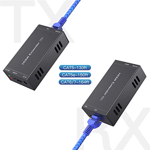 PWAYTEK HDMI Extender 1080p@60Hz, 3D, Over Single Cat5e/Cat6/Cat 7 Cable Full HD Uncompressed Transmit Up to 164 Ft(50m), EDID and POC Function Supported (Transmitter and Receiver)