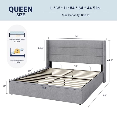 Image of Allewie Queen Size Lift Up Storage Bed, Modern Wingback Headboard, Hydraulic Support, No Box Spring Needed, Light Grey