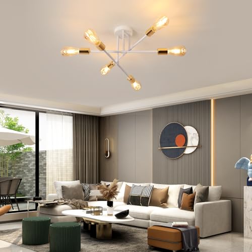Goeco Lustre Sputnik Moderne, 6 Lumières Douille E27, 60CM, Blanc & Or – vue 7
