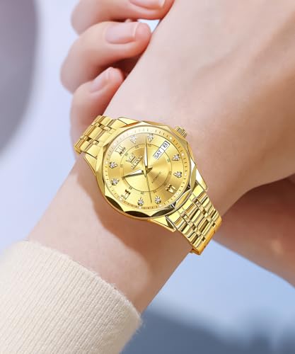 Image of OLEVS Womens Diamond Watches Automatic Mechanical Gold Luxury Dress Ladies Self Winding Original Stainless Steel Wrist Watch