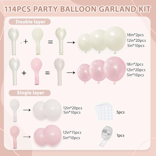 Image of Pink and White Balloons Arch Kit, Double Stuffed Pearl Pink White Sand Balloons Light Pastel Pink Beige White Balloons Garland Kit for Birthday Valentine's Day Bridal Shower Wedding Party Decor